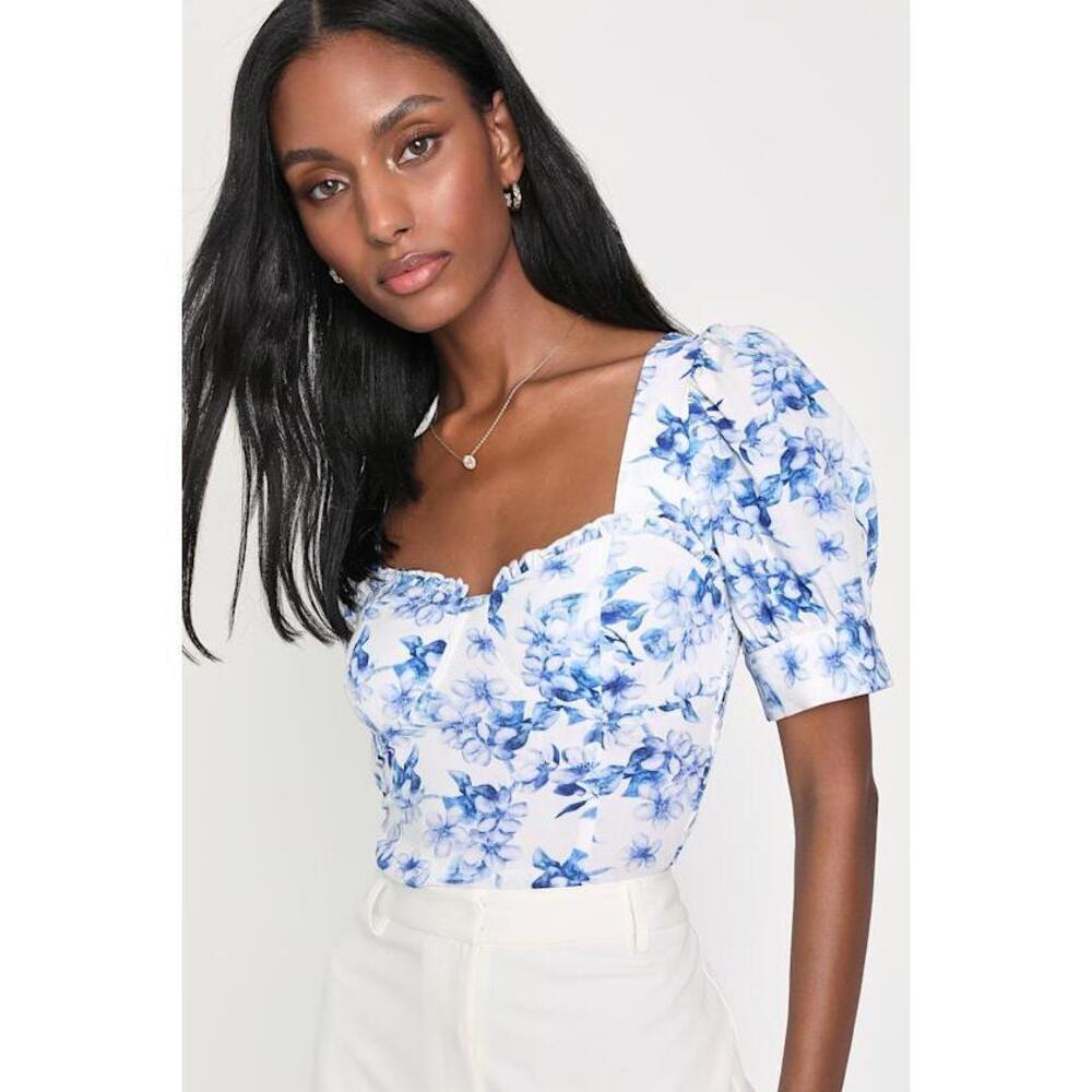 Lulus Always Amorous White Floral Print Bustier Puff Sleeve Crop Top - Size S